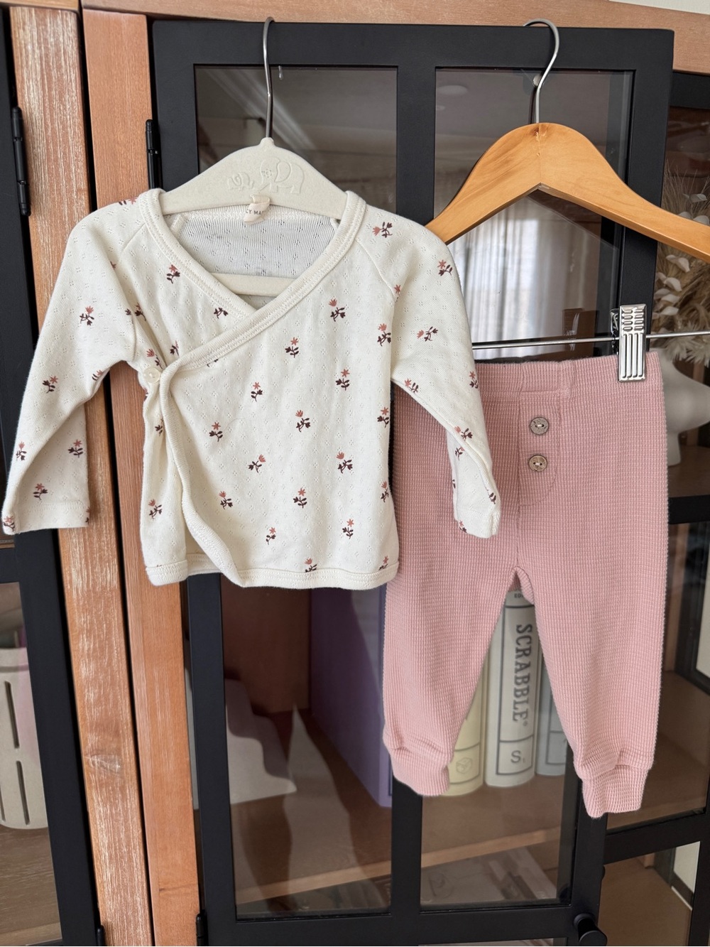 Quincy Mae Pointelle Wrap Top Pants Set baby girl Ditsy Clay floral mauve waffle